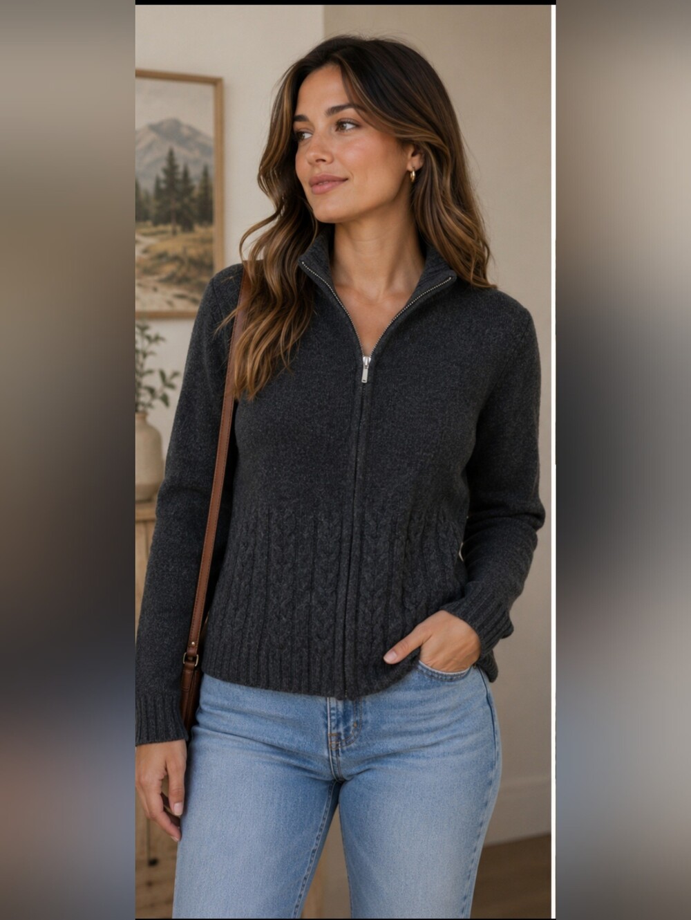 Alps Lambswool Angora Zip Cardigan Sweater Charcoal Gray Wool...